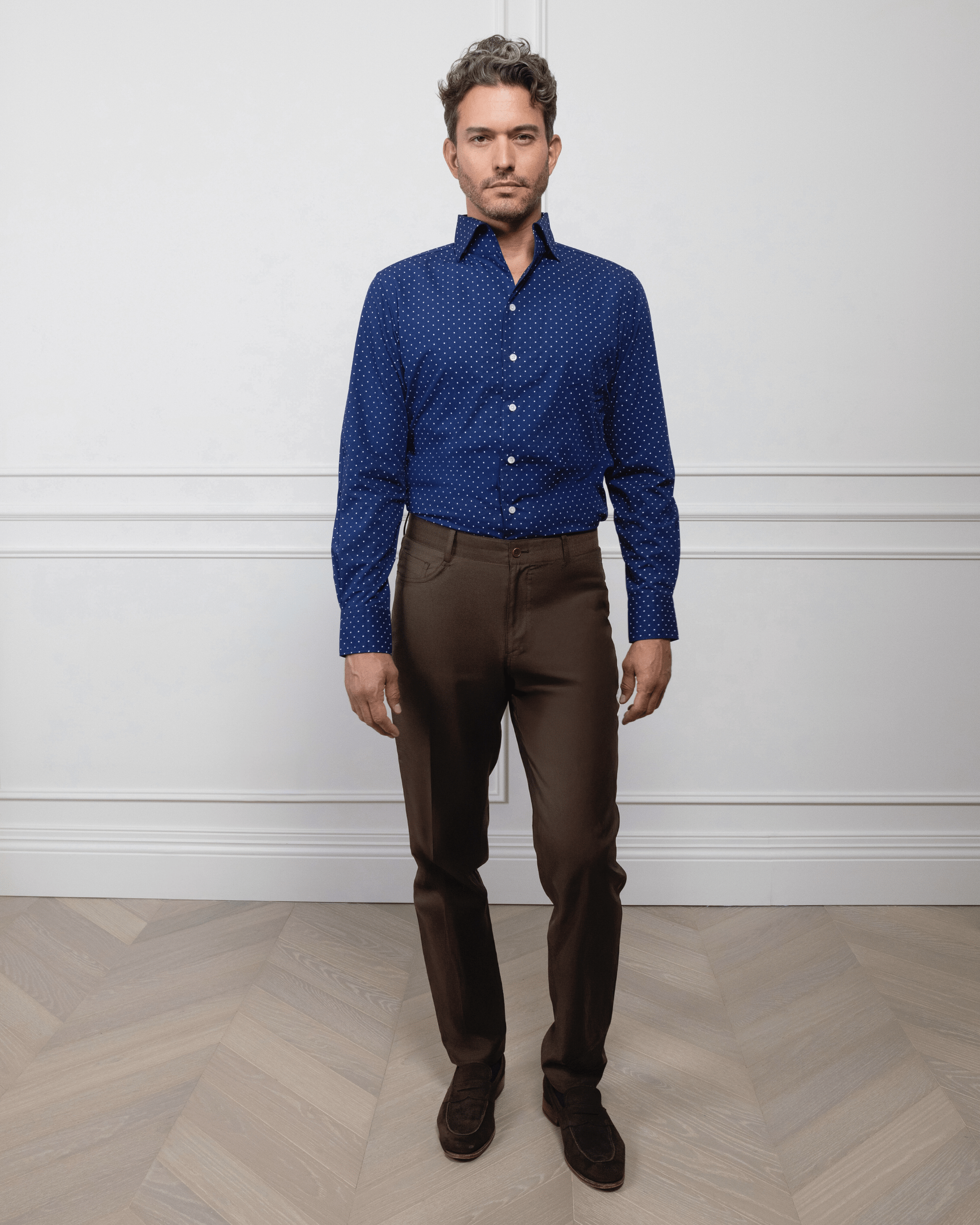 ESQ Shirts Napoli Bamboo Navy with White Polka Dot Shirt Napoli Bamboo Navy with White Polka Dot Shirt | Custom Men's Clothing