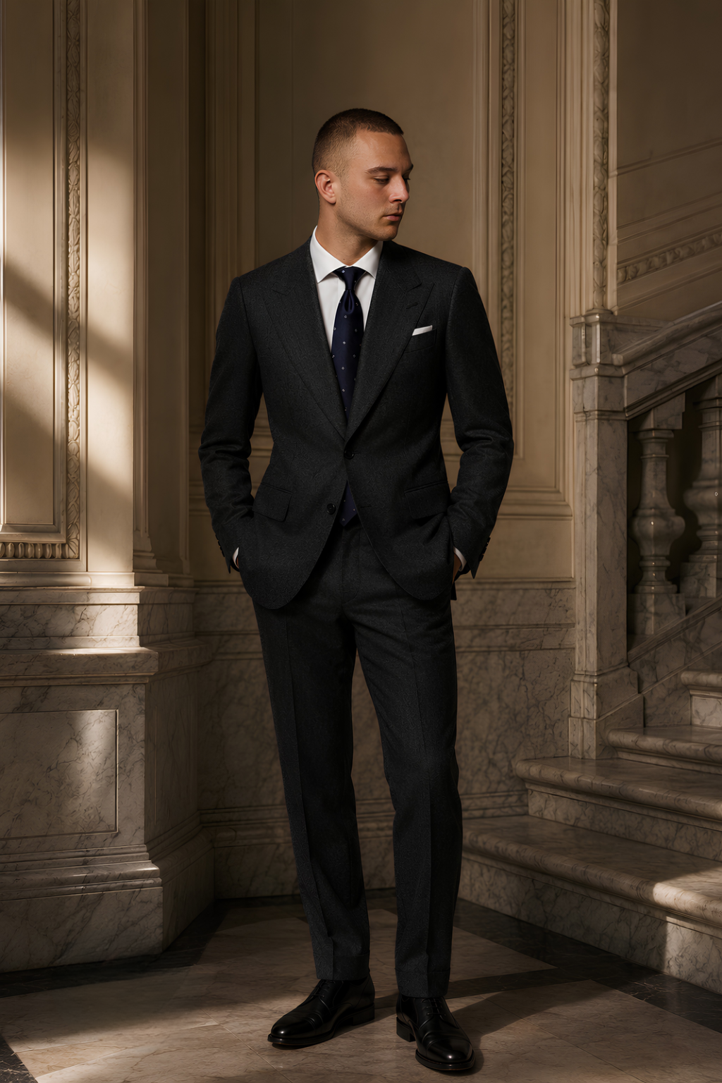 Man in a black suit standing in an elegant interior setting