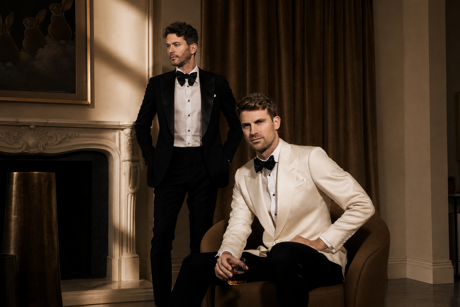 Two men in formal attire standing in a room with a fireplace and draped curtains.
