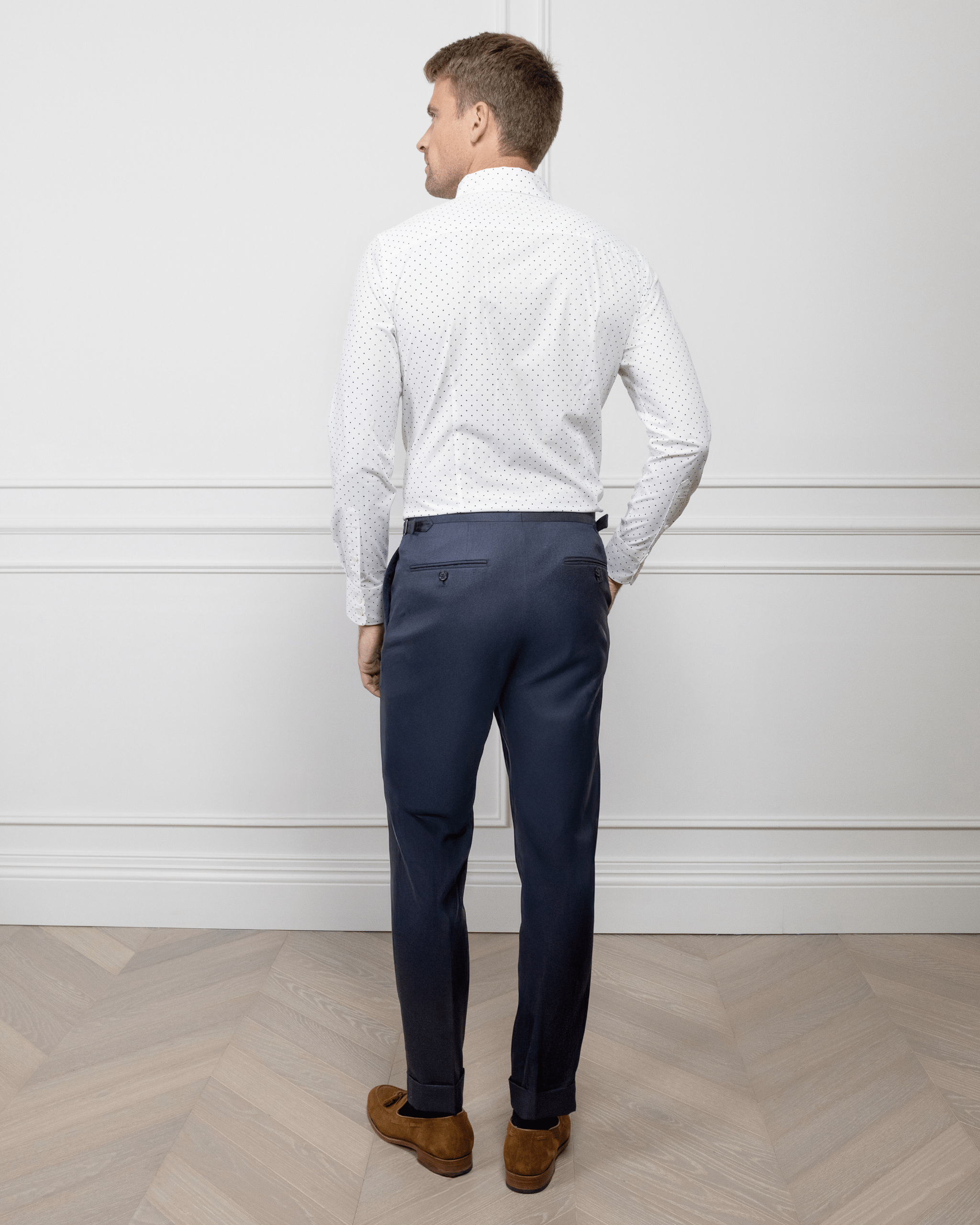ESQ Shirts Napoli Bamboo White with Navy Polka Dot Shirt Napoli Bamboo White with Navy Polka Dot Shirt | Custom Men's Clothing 