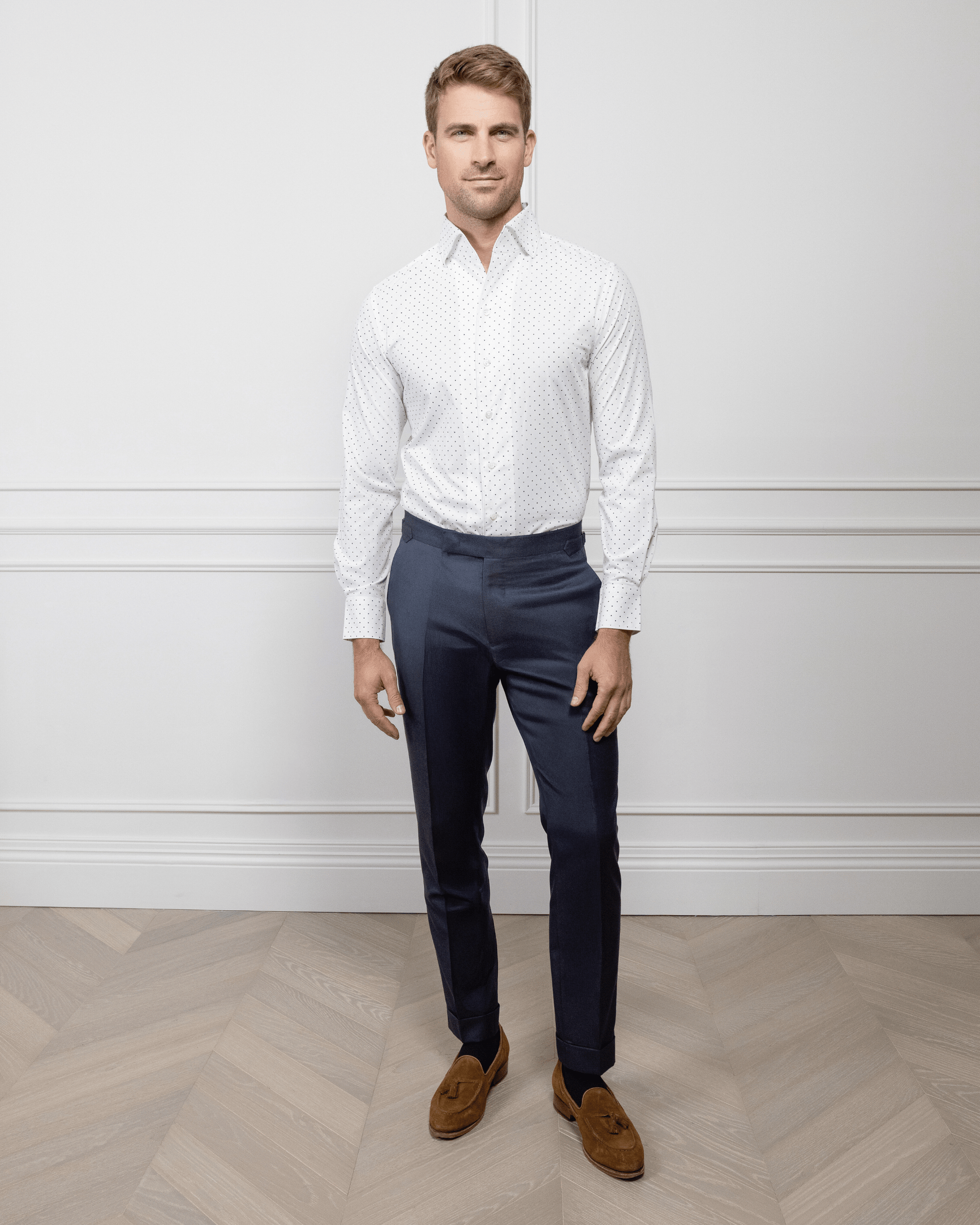 ESQ Shirts Napoli Bamboo White with Navy Polka Dot Shirt Napoli Bamboo White with Navy Polka Dot Shirt | Custom Men's Clothing 