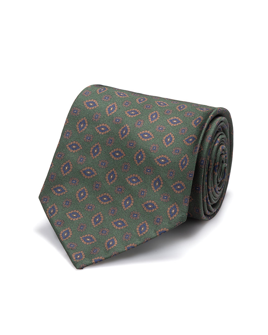 Green Geometric 7 Fold Silk Tie