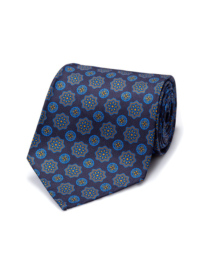 Blue Geometric 7 Fold Silk Tie