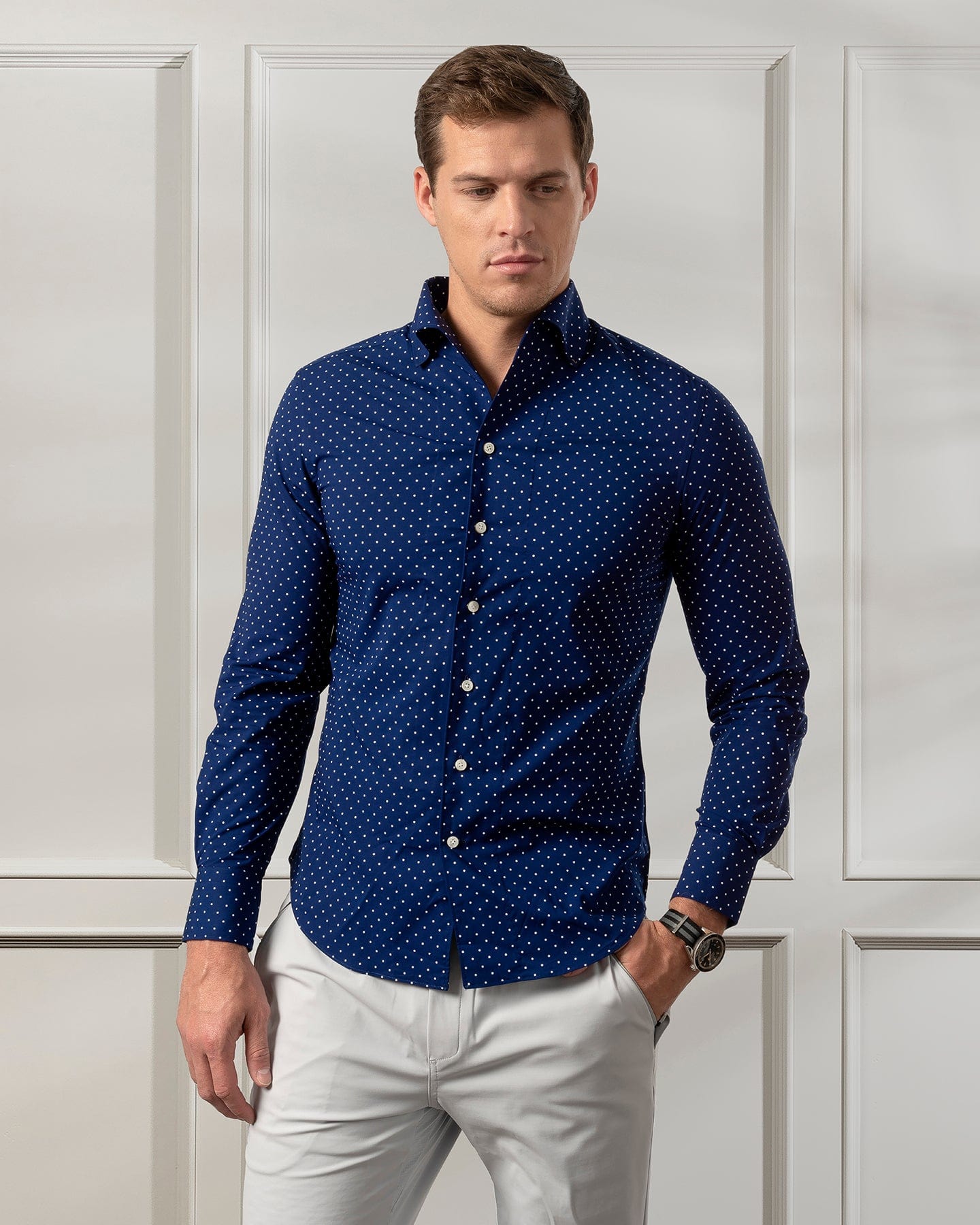 ESQ Shirts Napoli Bamboo Navy with White Polka Dot Shirt